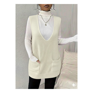 <b>Women's</b> Deep V-Neck Pocketed Knit <b>Sweater</b> <b>Vest</b> S M XL 85 Cm Length - Product Image 1