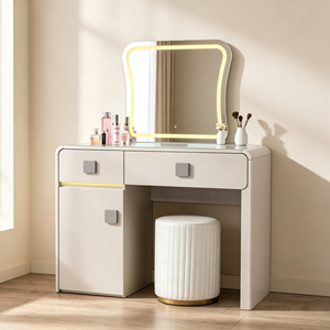 Coiffeuse moderne blanche avec miroir éclairé, tiroirs de rangement et armoire, table de maquillage pour chambre à coucher avec tabouret - Product Image 2