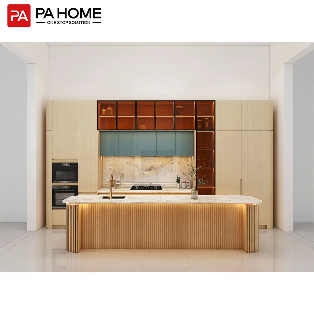 Muebles de cocina de pared de vidrio modular moderno PA gabinetes de cocina de melamina MDF
