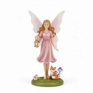 Statue de Fée de Jardin Élégante en Résine avec Lanterne |   Figurine de fée aux ailes d'ange roses peinte à la main avec renard et champignon - Product Image 2