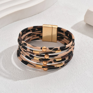 Women's Leopard Print <b>Leather</b> <b>Bracelet</b> Multi Layered Beaded Animal Pattern Fashion Jewelry for Daily Wear - Product Image 3