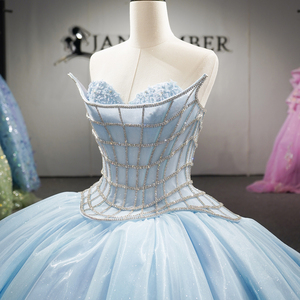 Dy1523 Robe de mariée exquise bleu ciel, ornée de perles faites main, corsage en treillis, robe de bal de princesse scintillante, traîne chapelle pour cérémonie nuptiale - Product Image 4