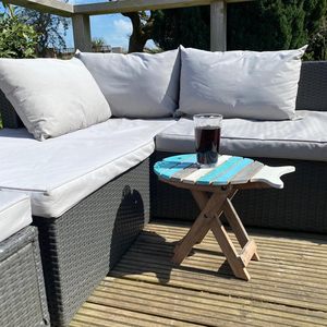 <span class=keywords><strong>Tavolo</strong></span> da Pranzo <span class=keywords><strong>Pieghevole</strong></span> a Forma di Pesce in Legno con Finitura Anticata, <span class=keywords><strong>Tavolo</strong></span> da Esterno Leggero in Legno Massello - Product Image 2