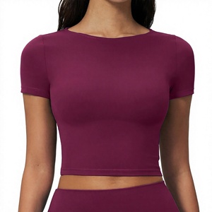 Women's Solid Color <b>Cap</b> <b>Sleeve</b> Crop <b>Top</b> T-Shirt O-Neck Quick Dry Spandex Polyester T-Shirts Casual Wear Stretch Crop Tee - Product Image 1