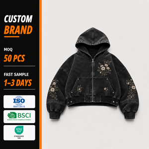 Sudadera <span class=keywords><strong>con</strong></span> capucha personalizada <span class=keywords><strong>con</strong></span> estampado floral para hombre, al por mayor, de algodón pesado de 600 g/m², negra, <span class=keywords><strong>con</strong></span> cremallera y efecto desgastado, estilo crop top. - Product Image 1