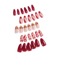 Faux ongles à presser rouge bordeaux, forme amande moyenne, avec motif lèvres et nœud doré, pour femmes, pour la Saint-Valentin, le quotidien et les soirées