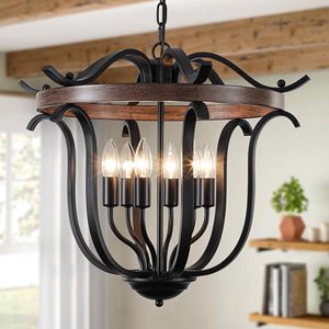 Lampadario Grande Stile Rustico per Soffitti Alti, 6 Luci, Vintage, a Gabbia, Nero, per Soggiorno - Product Image 1