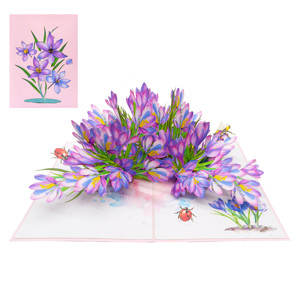 Carte pop-up florale 3D découpée au laser, motif crocus violet, forme rectangulaire, en carton, prix de gros, artisanat papier - Product Image 2