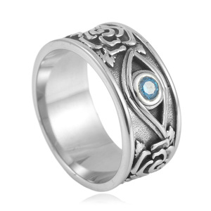Men's <b>Titanium</b> Steel <b>Ring</b> Silver Floral Design Bezel Set Blue Stone Punk Style Jewelry Gift 24049 - Product Image 1