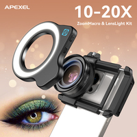 Objectif de photographie pour téléphone portable pour la plupart des smartphones APEXEL Objectif macro universel professionnel HD 10-20X avec zoom et lumière d'appoint