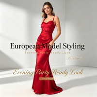 Robe de soirée sirène style européen en satin, col halter, taille empire, dos nu à lacets croisés, froncée, longue et drapée, pour demoiselle d'honneur, OEM/ODM