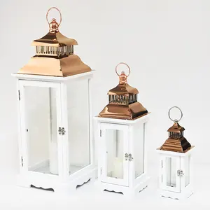 Set of 3 wedding festival floor decoration candle lantern Rose gold stainless steel double-top white wooden lantern with handle