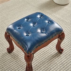 Repose-pieds de style villa traditionnel avec pieds en bois massif, tabouret rembourré en cuir véritable, antique, pour chambre d'enfant, salon, divers modèles - Product Image 2