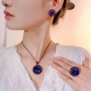 Fashion Eco-friendly Copper Costume Jewelry <b>Set</b> for <b>Women</b> 18*20mm Blue Cubic Zirconia Vintage Premium Necklace Earrings <b>Ring</b> <b>Set</b> - Product Image 5
