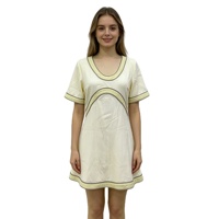 Robe Courte Évasée Rétro à Col Rond et Manches Courtes avec Passepoil Contrastant, Modèle Crème, Fabrication OEM ODM sur Mesure