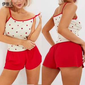 Pyjamas imprimés Nouvel An 2024, ensemble débardeur et short côtelé à motif cœur, décontracté et mignon, vêtements d'intérieur pour femme, collection transfrontalière - Product Image 1