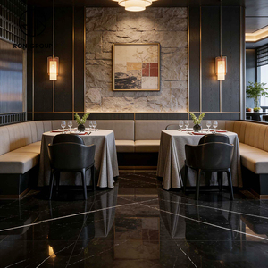 Muebles <span class=keywords><strong>de</strong></span> Lujo Modernos para Cafetería, Sofá <span class=keywords><strong>de</strong></span> Cuero Negro con Base <span class=keywords><strong>de</strong></span> Piedra Sinterizada Cuadrada, Mesa y Sillas para Hotel y Restaurante - Product Image 5