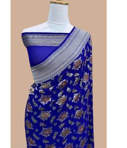 Sari en Georgette Banarasi Khaddi Pur Tissé à la Main, avec Broderie Zari Traditionnelle Fine, Tissu Premium, Protection Solaire, Séchage Rapide - Product Image 5