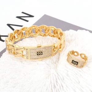 NYH chapado en oro grueso <span class=keywords><strong>Miami</strong></span> cubano enlace pulsera y anillo conjunto moda Hip Hop brillante circón joyería para hombres y mujeres - Product Image 3