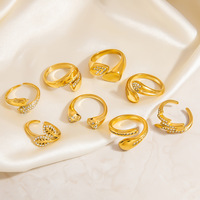 SUMMLY Vente en gros Bague ajustable motif feuille de serpent en zircon, plaqué or 18 carats, en acier inoxydable, étanche, bijoux de mode pour femme