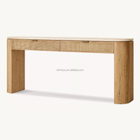 Table console française en bois de chêne massif avec dessus en travertin turc et panneaux de canne tissés pour meubles de villa de maison ou d'hôtel