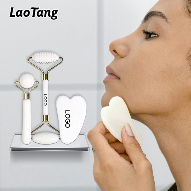 High Quality Anti-Aging Natural Jade Stone Face Xiuyan Gemstone Ball Set White Jade Spike Roller Guasha Facial Body Neck