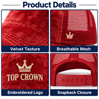 Casquette Trucker personnalisée à cinq panneaux en velours brodé avec dos en maille, réglable, légère, style streetwear, pour l'extérieur, OEM ODM
