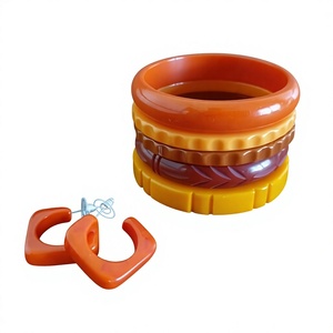 Classic Round Carved Resin <b>Bangle</b> Set in Stylish Bracelet Purple Green Cream Floral Pattern Artistic Design Craft Party Woman - Product Image 2