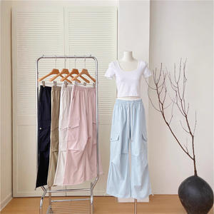 Pantaloni <span class=keywords><strong>Cargo</strong></span> blu da <span class=keywords><strong>donna</strong></span> 2025 estivi sottili stile americano sport paracadutista ad asciugatura rapida Casual pantaloni elasticizzati vita alta a metà piatto - Product Image 1