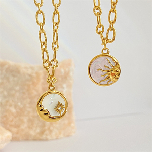 Collar de Acero Inoxidable con Baño de Oro Real de 18K, Diseño de Sol y Luna, con Colgante de Moneda de Nácar Natural, <span class=keywords><strong>Joyería</strong></span> para Mujer, Resistente al Deslustre - Product Image 3