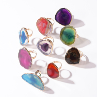 Anillo Ajustable Abierto con Borde Chapado en Oro y Rodaja de Ágata Natural, Anillos de Dedo con Gema Irregular en Bruto, Hechos a Mano, Venta al por Mayor