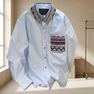 Camisa de mujer estilo bohemio a rayas, manga larga, con botones, cuello bordado y bolsillo, corte holgado, de popelina de algodón. - Product Image 4