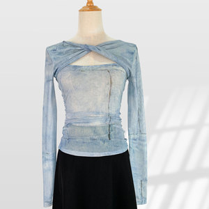 <span class=keywords><strong>T</strong></span>-<span class=keywords><strong>shirt</strong></span> à manches longues en maille de soie glacée mignonne, coupe ajustée, protection solaire, pour femmes, é<span class=keywords><strong>t</strong></span>é, fin, tie-dye, nœud torsadé, haut transparent - Product Image 2