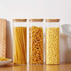 YOLOWE家居现代50盎司玻璃储物罐方形木制竹盖标志厨房餐具室食物派对储物容器蜂蜜 - Product Image 1
