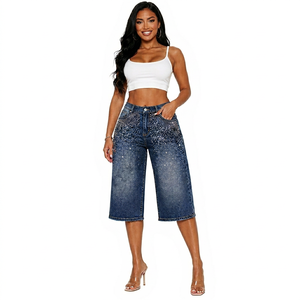 Jeans Capri de Mezclilla con Pedrería y Pierna Ancha Personalizados para Mujer |   Jeans Culotte de Cintura Alta y Corte Recto |   Adorno de Moda con Cristales Brillantes - Product Image 1