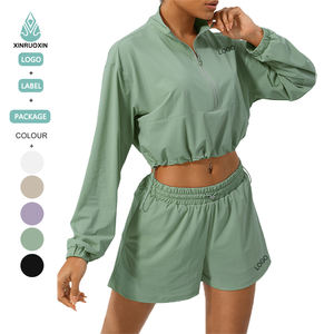 ملابس رياضية للنساء فضفاضة 2 ، تناسب الأكمام بسحاب أعلى مع سحاب ، سترة جري وشورت من علامة خاصة - Product Image 1