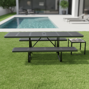 <span class=keywords><strong>Tavolo</strong></span> <span class=keywords><strong>da</strong></span> Picnic per Esterni Stile Fattoria OEM 96\" ADA <span class=keywords><strong>con</strong></span> <span class=keywords><strong>Panche</strong></span> <span class=keywords><strong>da</strong></span> 72\" in Metallo Perforato Nero Moderno per Cortile e Parco - Product Image 1