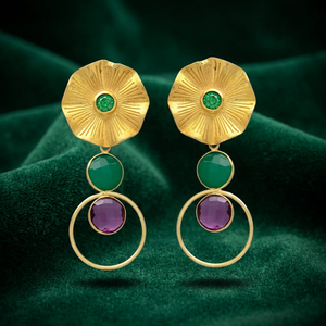 Pendientes Colgantes Circulares Étnicos Chapados en Oro con Gema de Aguamarina y Cabeza de Flor Verde, Hechos a Mano para Bodas y Fiestas - Product Image 2