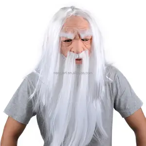 Masker karakter orang tua buatan tangan, silikon kepala penuh realistis dengan rambut panjang putih jenggot bahan lateks untuk pesta
