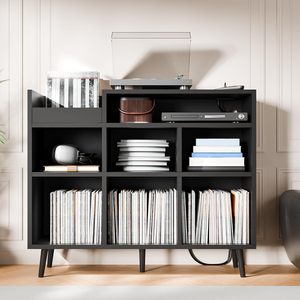Mueble Moderno para Tocadiscos de Madera, Estante para Discos de <span class=keywords><strong>Vinilo</strong></span>, Almacenamiento para 500 Álbumes, con Enchufe, Aparador, Mueble de Salón - Product Image 4