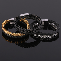 Bracelets en cuir véritable noir pour hommes, vente en gros 2023, avec chaîne en acier inoxydable coloré 18K personnalisée