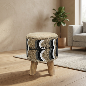 Taburete Redondo de Almacenamiento STOOL MOZAIK 1, Hecho a Mano con Mimbre y Sisal, Patas de Madera Maciza, Estilo Boho - Product Image 3