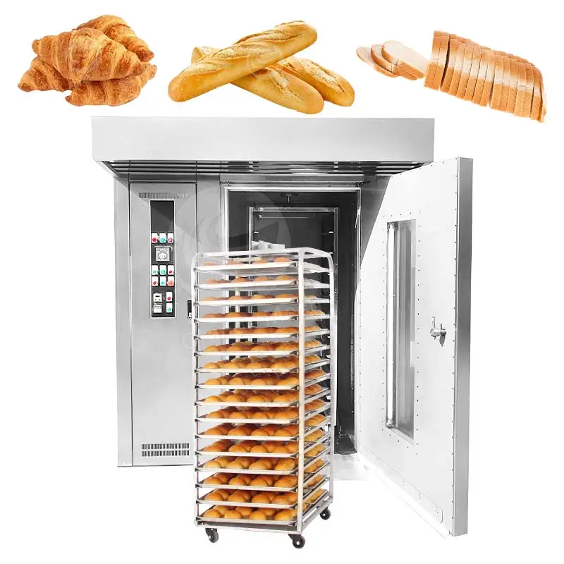 बेकरी बिक्री ब्रेड बेकिंग के लिए स्वचालित गैस डीजल इलेक्ट्रिक औद्योगिक डीजल रोटरी ओवन 16 32 64 ट्रे रैक रोटरी ओवन कीमत