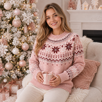Pull de Noël personnalisé pour femme, motif flocon de neige rose, jacquard Fair Isle, tricoté, fabrication OEM ODM, vente en gros