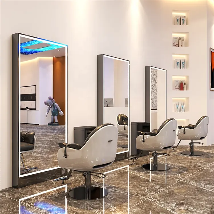 Siman Grosir Kustom Meja Rias Lantai Panjang Penuh Cermin Persegi Panjang Berdiri Bebas Cermin Salon Tata Rambut dengan Lampu Led