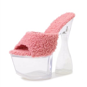 Crystal Thick High Heel Shoes Summer Sexy <b>Sandals</b> for Lady Outdoor Slides Slip-on Round Toe Soft Fur Slipper - Product Image 2