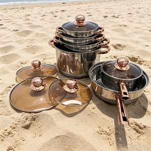 Meilleures ventes 2026 – Ensemble de 12 ustensiles de cuisine en acier inoxydable avec poignées en cuivre et couvercles en <span class=keywords><strong>verre</strong></span> brun, compatible induction - Product Image 6