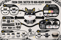 Peluche chien noir de dessin animé avec lunettes de soleil, nœud papillon et pose à bras larges pour collections personnalisées