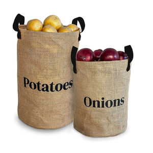 Collapsible food Storage box Bin for onion potato Organizer jute Storage Basket with leather handle