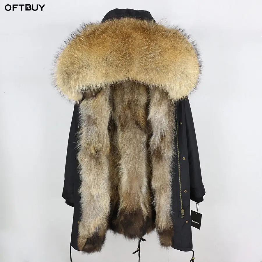 OFTBUY-Abrigo de Piel Auténtica para Mujer, Chaqueta de Invierno, Parka Larga Impermeable, Cuello de Piel de Mapache, Capucha Gruesa y Cálida, Forro de Piel de Zorro, 2024